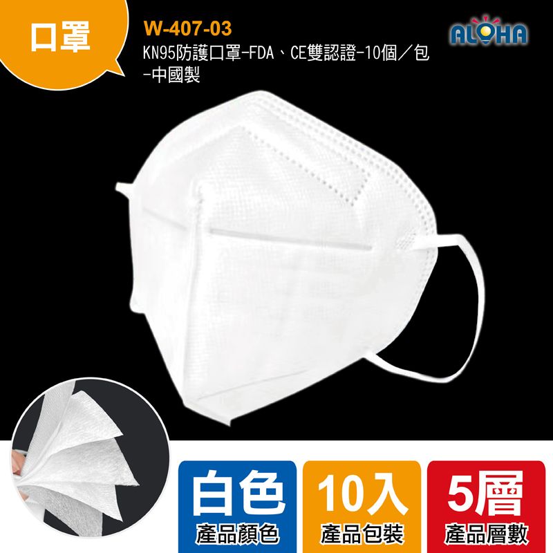 KN95防護口罩-FDA、CE雙認證-10個／包-中國製